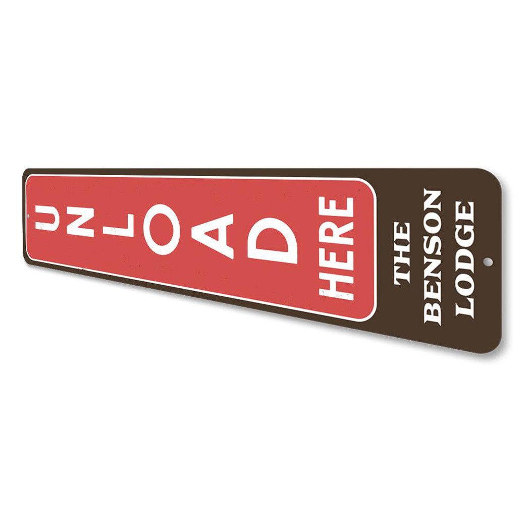 Unload Here Vertical Sign, Personalized Family Last Name Ski Lodge Sign