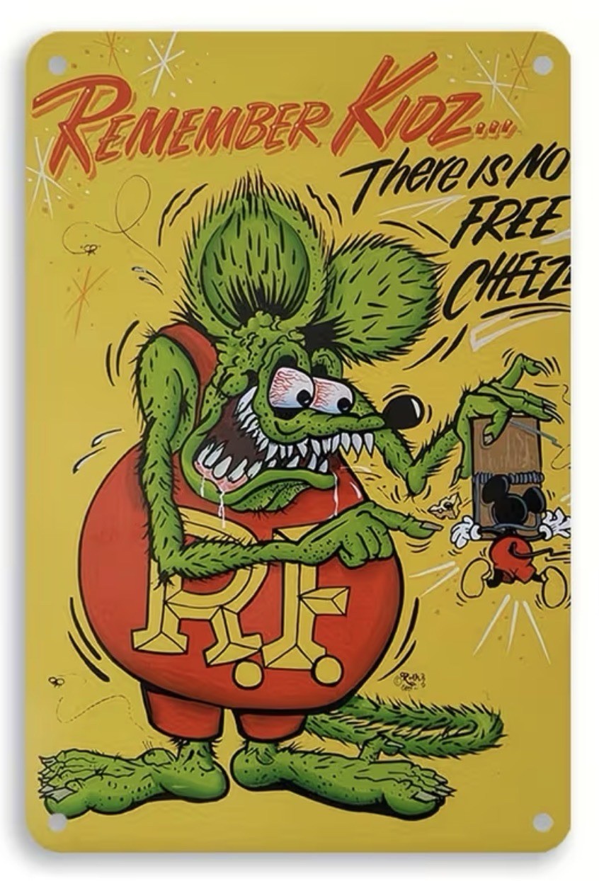 New Sign Rat Fink Tin Wall Metal 8X12 Garage Man Cave Bar No Free Cheese Mickey