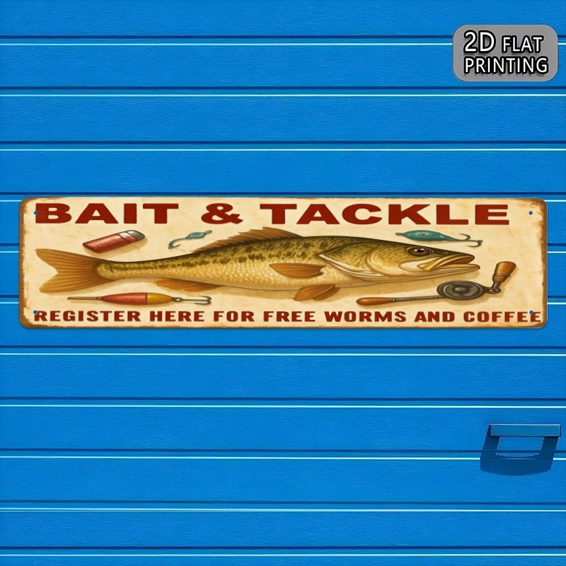 Vintage Bass Fish Metal Wall Sign Bait & Tackle Fishing Gear Cabin Rustic Decor