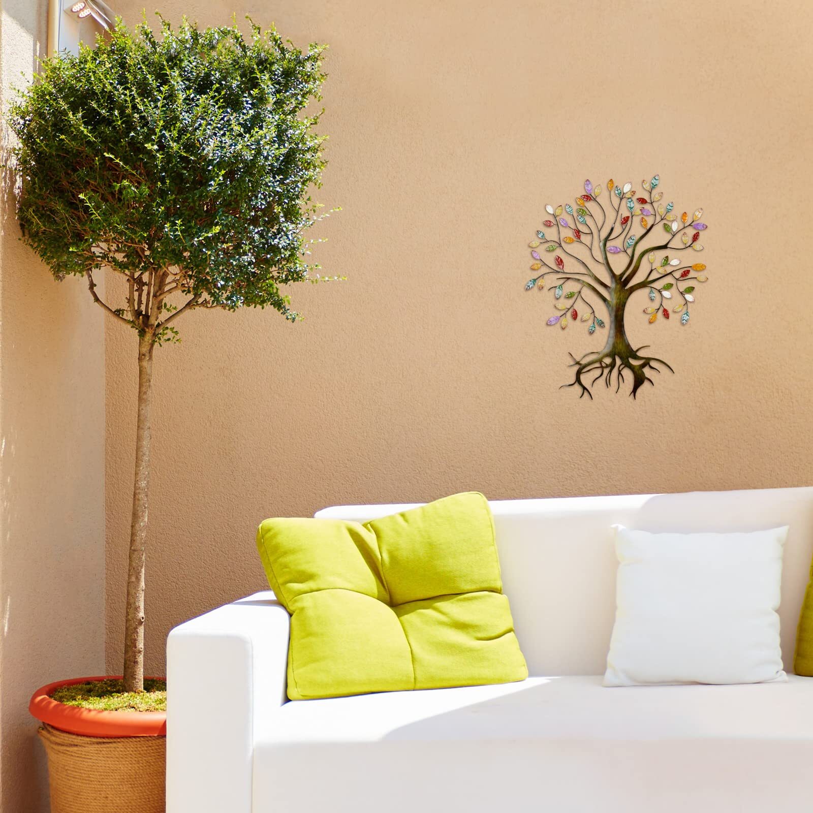 Moxweyeni Metal Tree Wall Sculpture Gold Tree Home Decor Multi Colored Leaf A…