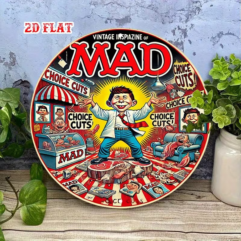 Magazine Aluminum Metal Tin Sign, Cuts Round Aluminum Sign, MAD Character Rustic