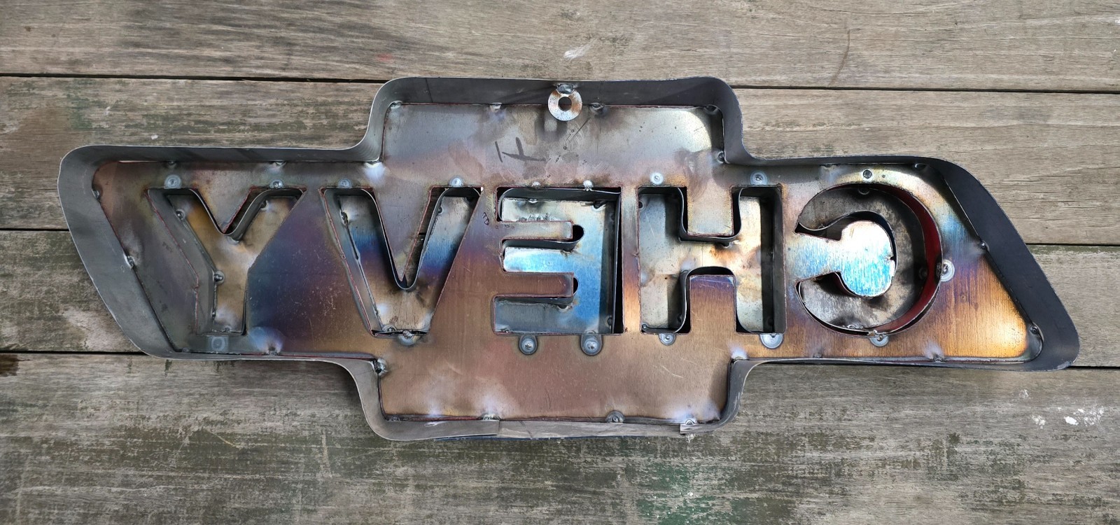 Recycled Tin Metal CHEVY Bow Tie Sign Gas Oil Garage Man Cave Home Decor