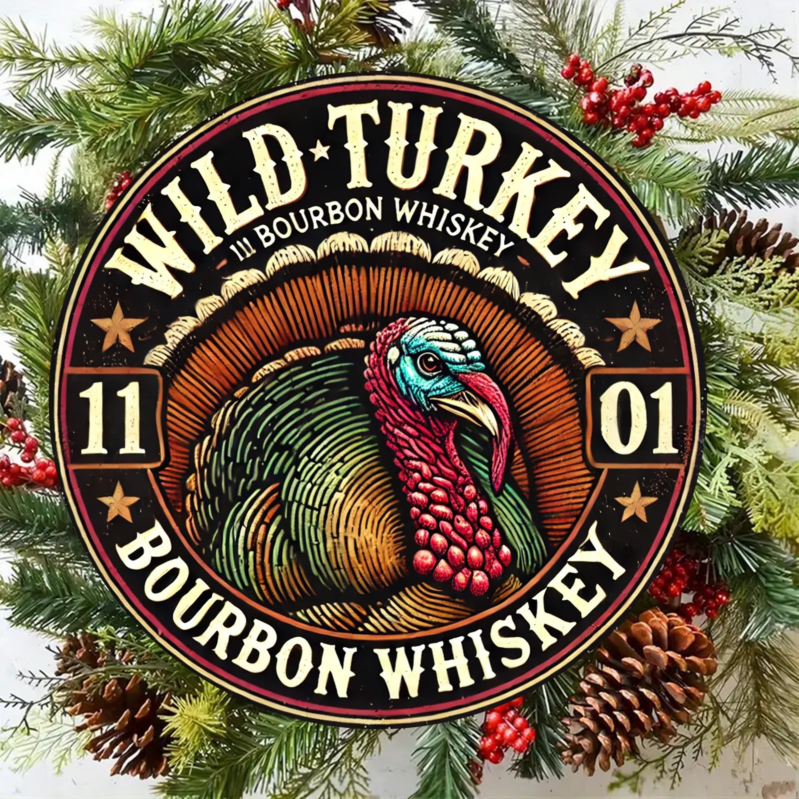[2D Flat] Wild Turkey Bourbon Whiskey Round Tin Metal Signs – 8×8 Inch Al