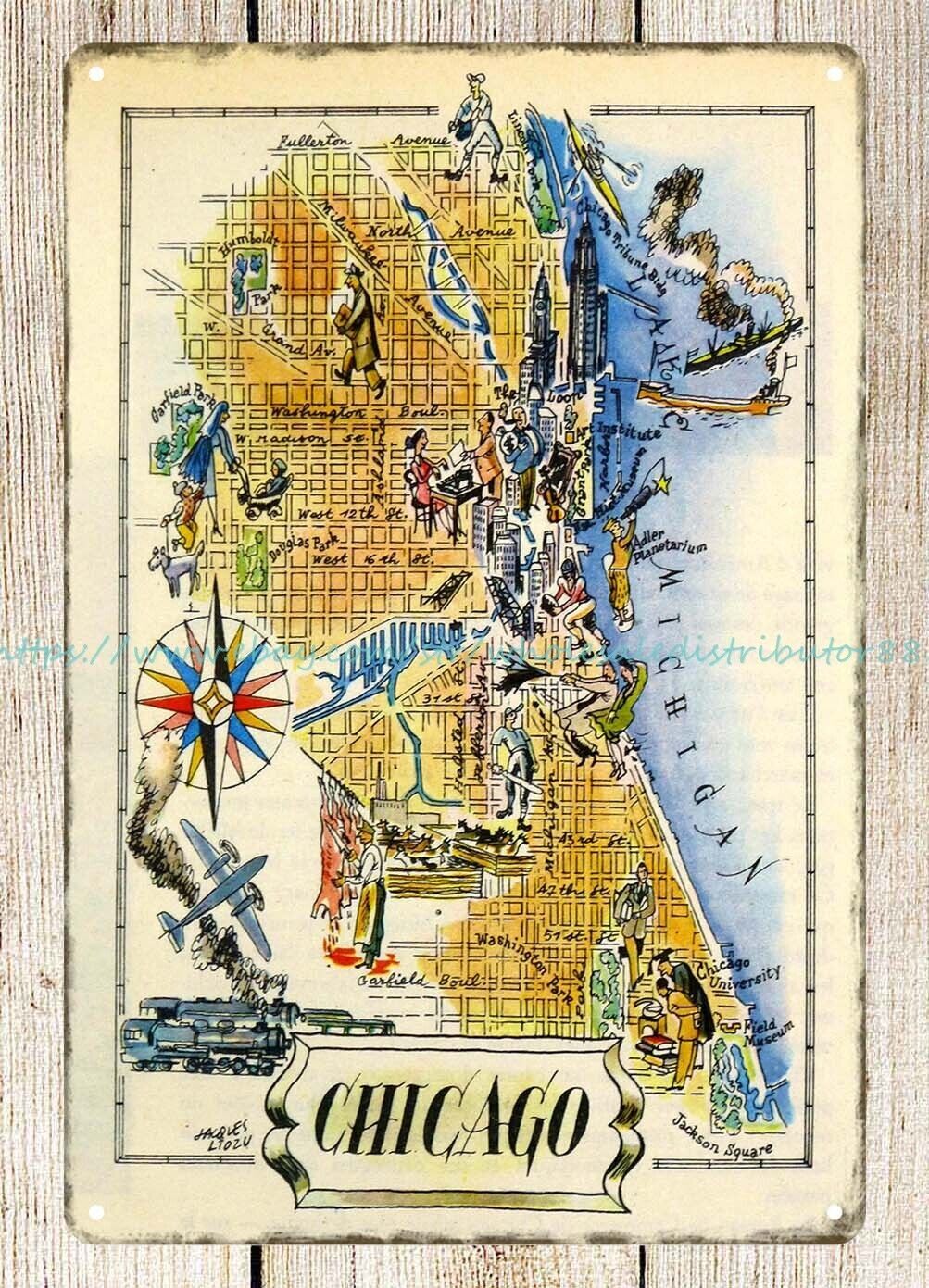 room decor Chicago Pictorial Map 1946 metal tin sign