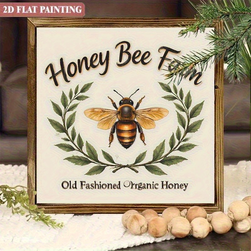Honey Bee Farm Organic Honey Wreath Square Wooden Plaque Rustic Kitchen Decor