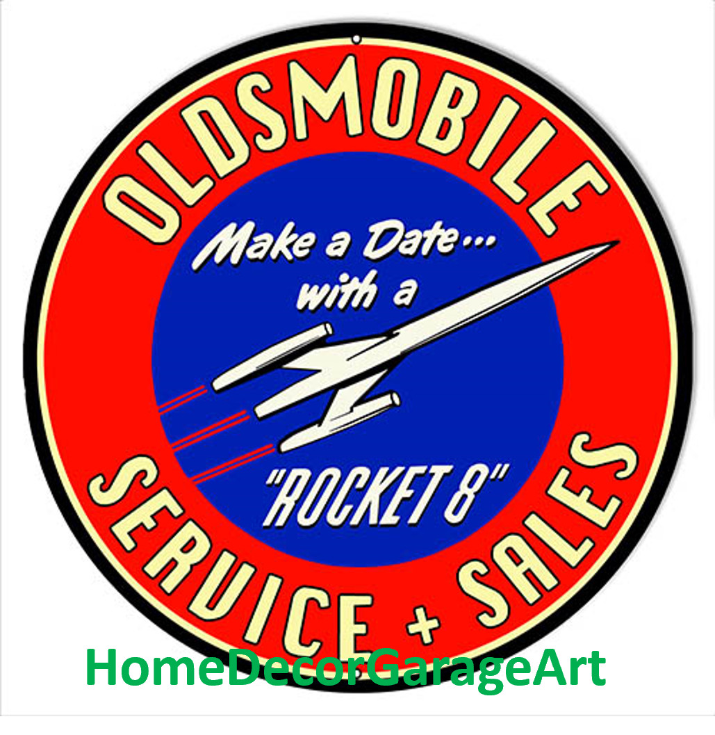 Oldsmobile Rocket 8, Round Flat Metal Sign, Aged Style, Garage Art HDGA