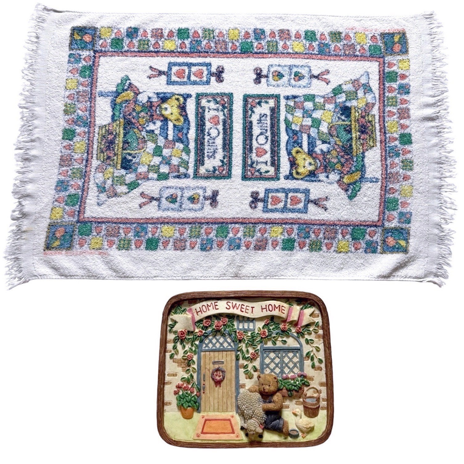 Vtg Cottagecore Grandmacore Teddy Bear Home Sweet Plaque & Love Quilts Towel Lot
