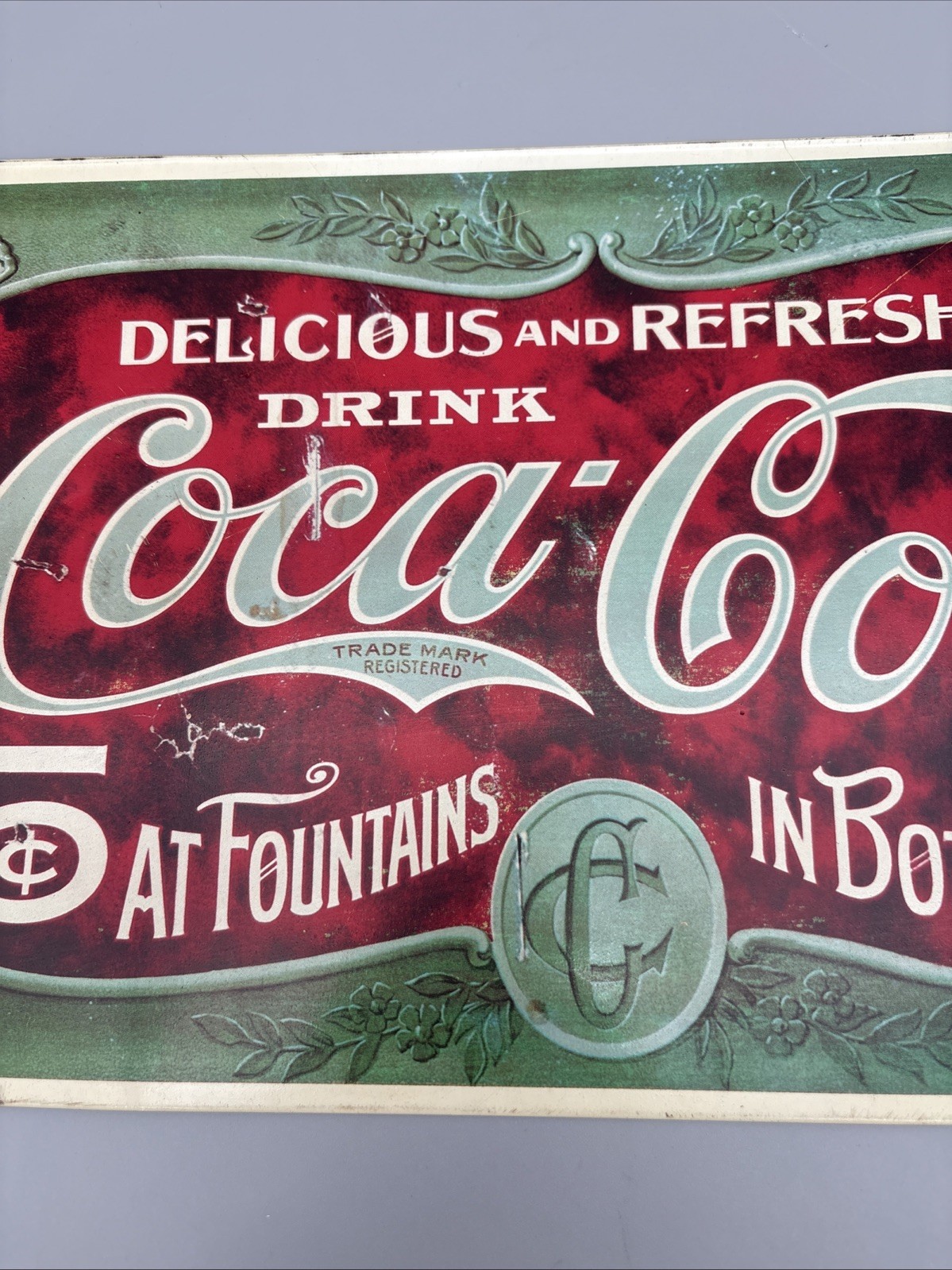 Vintage Metal Coca Cola Sign Faux Antique 5 Cents 16 in x 9 in