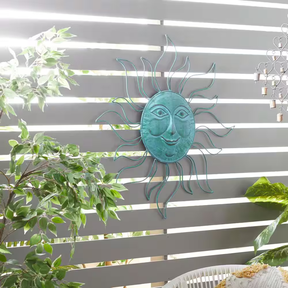 Large Wall Decor Indoor Outdoor Sun with Wire Frame Metal Teal 30 In. X 30 In.