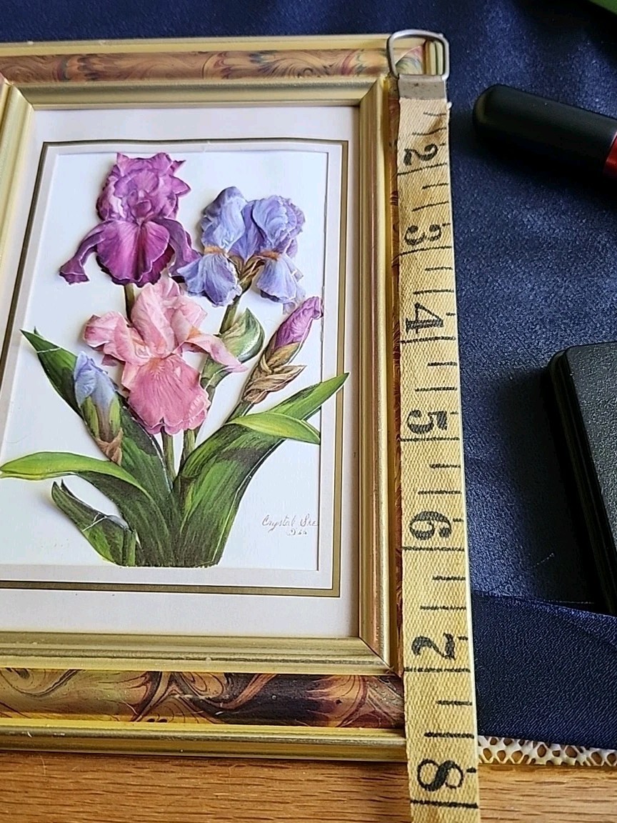 Vintage Decorative Iris Paper Tole, Relief In Frame, 3D, 7.5 x 6 In. Purple/Pink