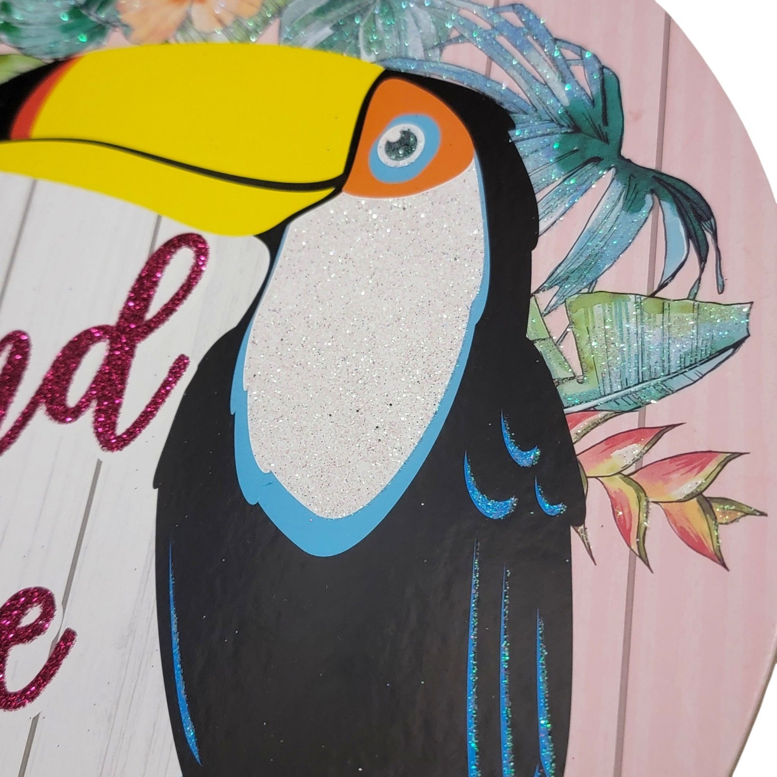 Island Time Toucan Wall Decor Sign Pink Glitter Hibiscus Tropical Tiki Summer