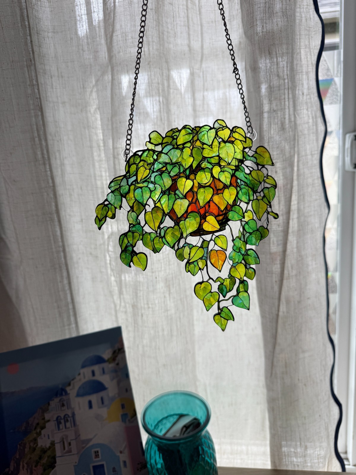 Hanging Plant Suncatcher, Green Leaf Window Decor, Ivy Plant