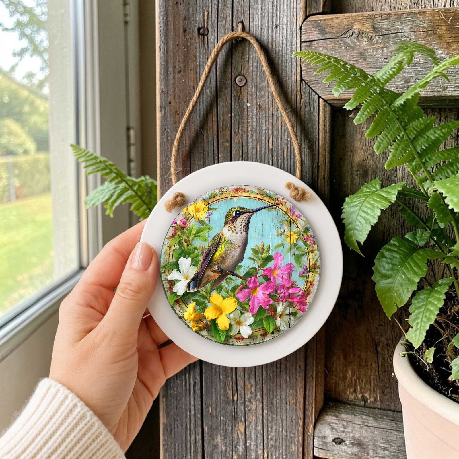 Hummingbird Door Sign – Small Wall or Window Hanging Wreath Accent Plaque 4.8 in