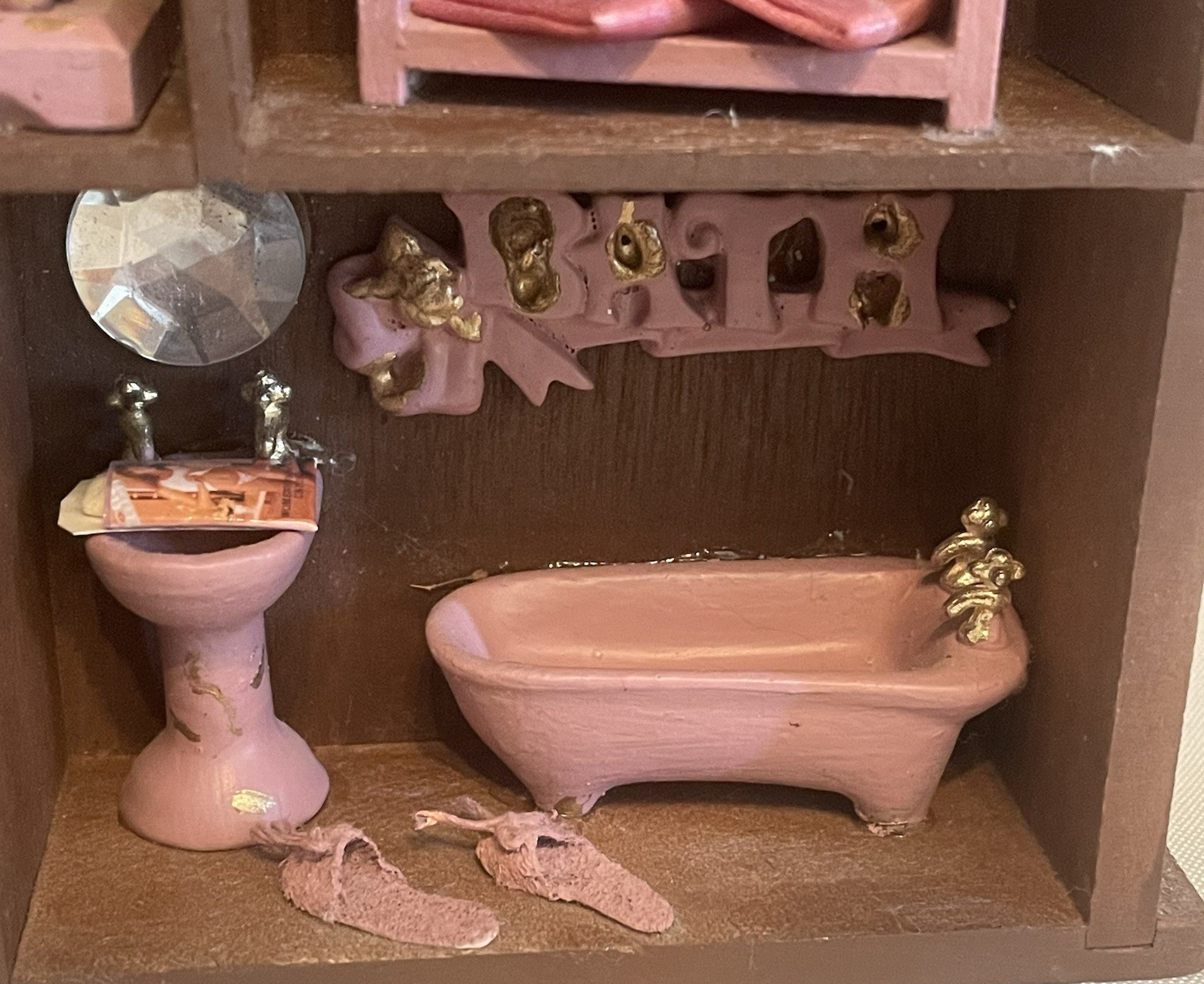 Vintage Rustic Miniature Bathroom Shadow Box Wall Decor Pink Wall Hanging