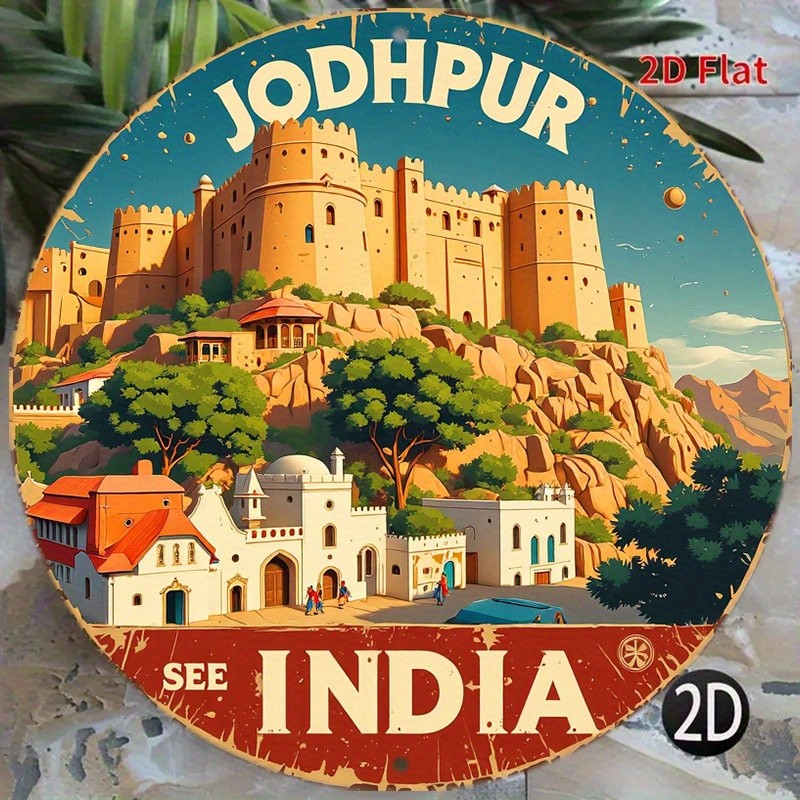 India Metal Map Sign Aluminum Sign 8 Round Vintage Jaipur Blue City