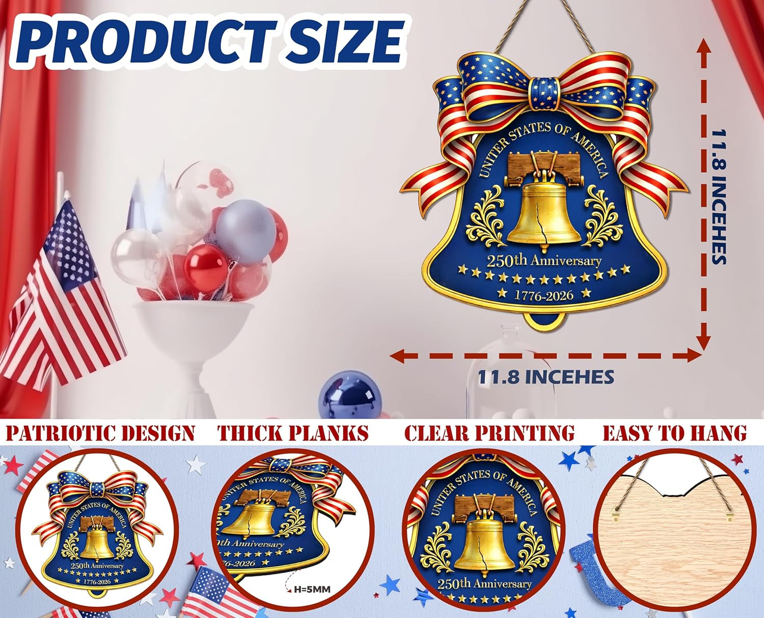 250Th Anniversary Door Wreath, Vintage Liberty Bell Patriotic Wooden Sign for Fr