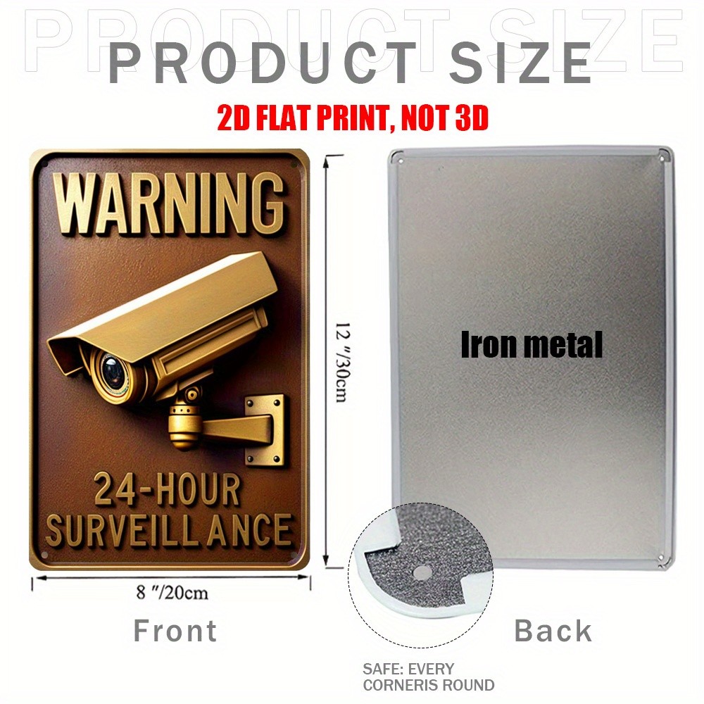 Vintage Warning 24-Hour Surveillance Metal Sign Security Plaque Home Wall Decor