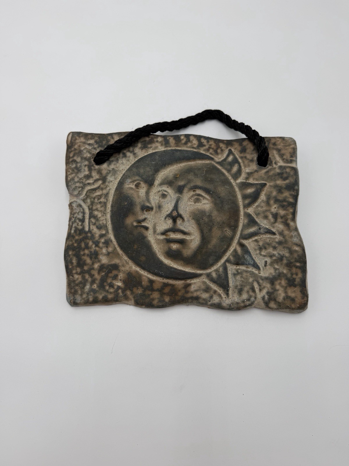 Vintage Celestial Sun Moon Wall Plaque Handmade Pottery Ceramic Hanging Decor