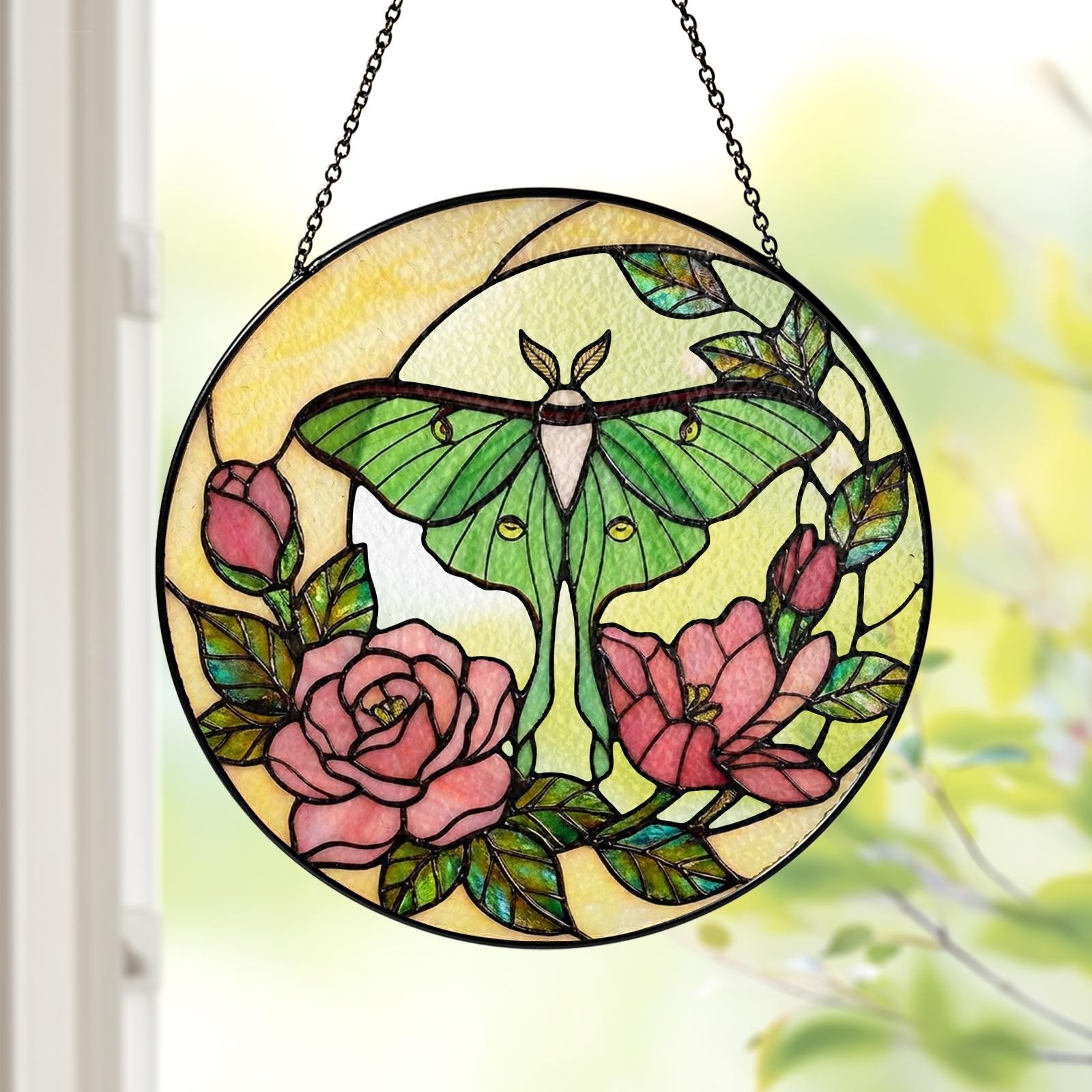 Luna Moth Butterfly Boho Suncatcher, Green Moth Window Hanging Gift