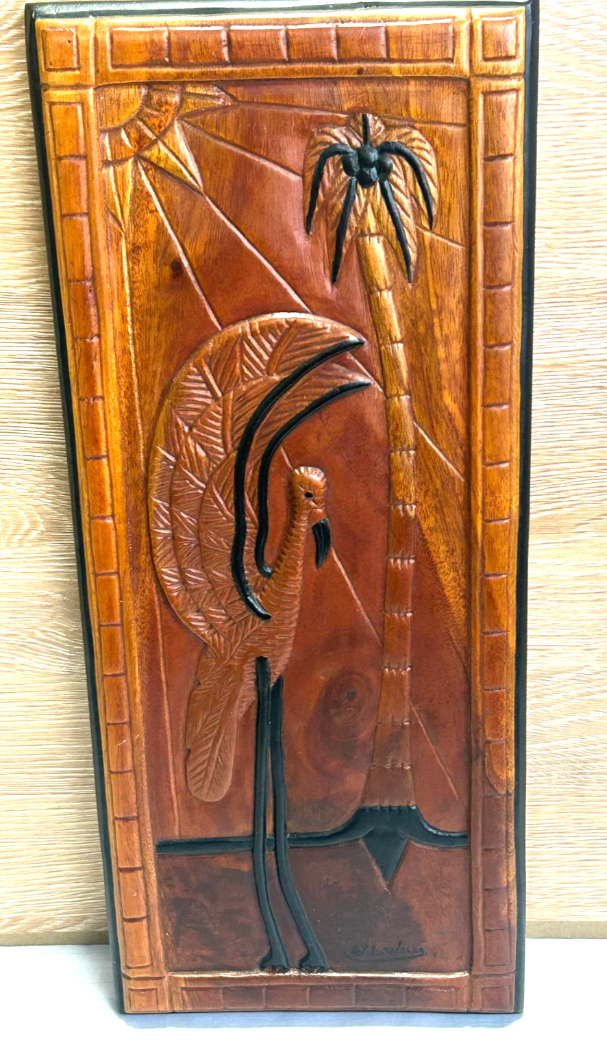 Vintage Hand Carved Wooden Relief Wall Plaques Tropical Birds & Palm Trees.2 Pcs