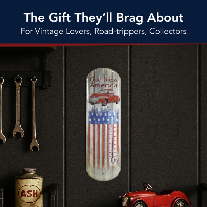 God Bless America Metal Wall Thermometer Patriotic Vintage Truck Decor