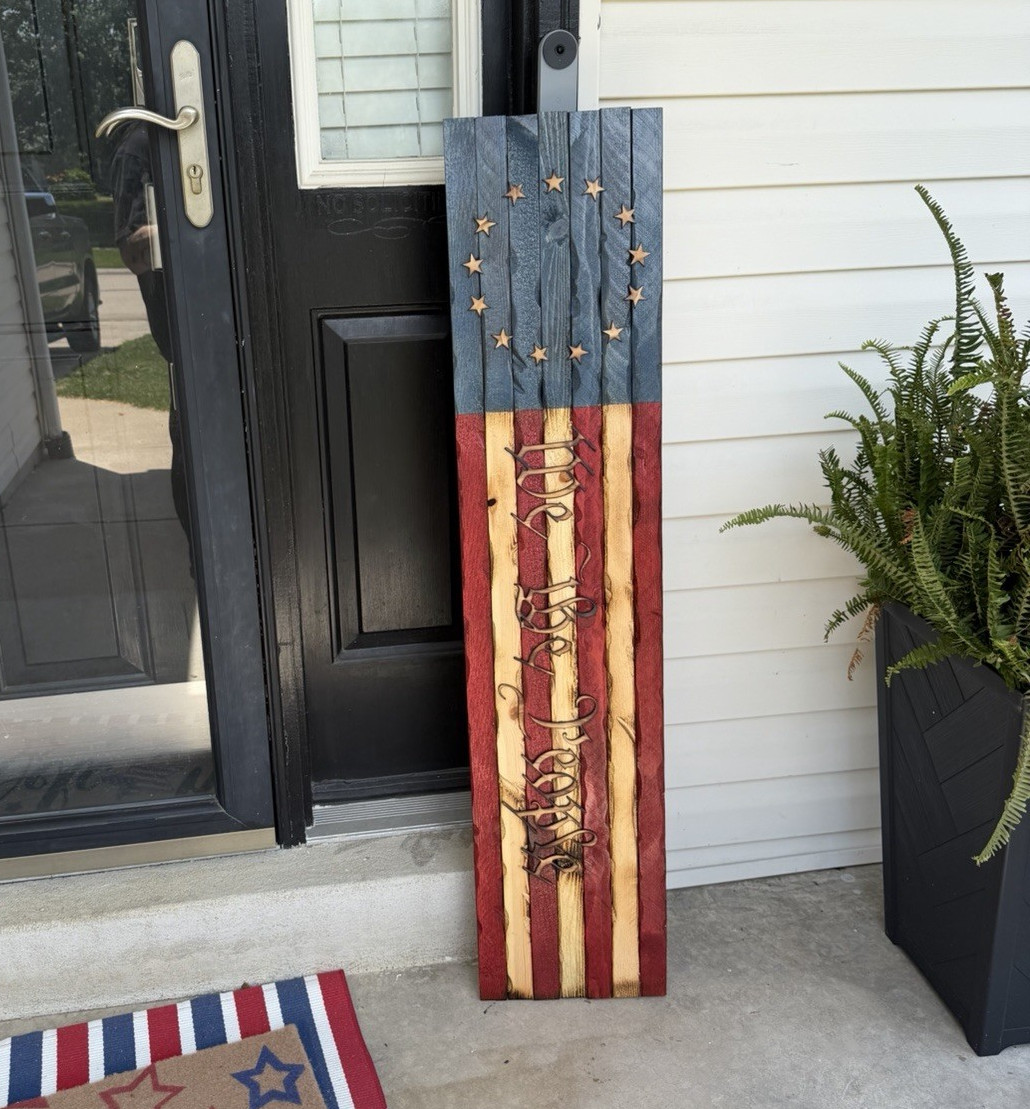 Handmade Large Vertical Wooden Patriotic USA Flag Porch Sign 1776 Red/White/Blue