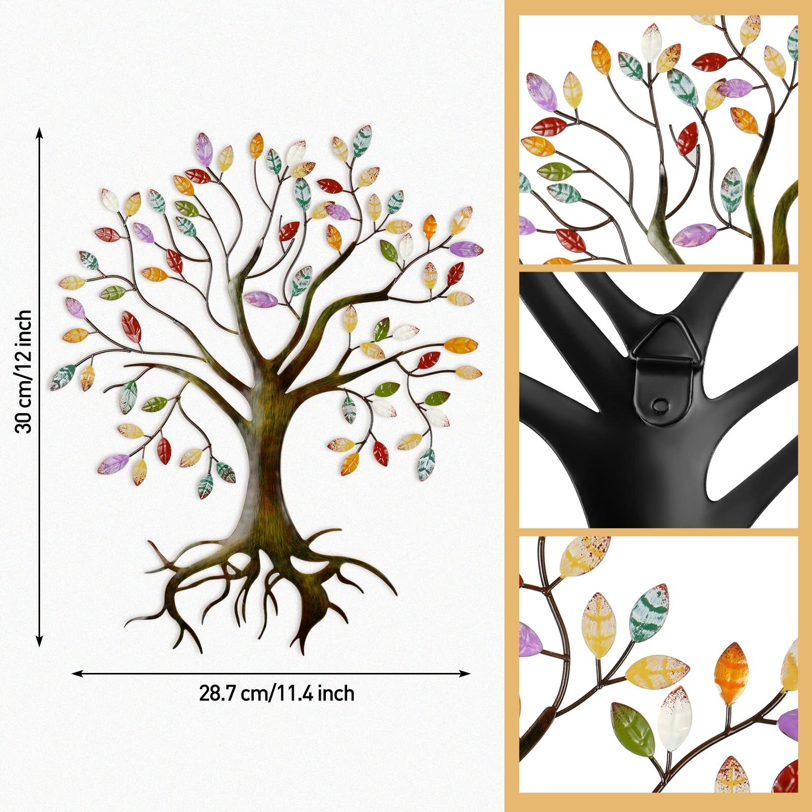Moxweyeni Metal Tree Wall Sculpture Gold Tree Home Decor Multi Colored Leaf A…