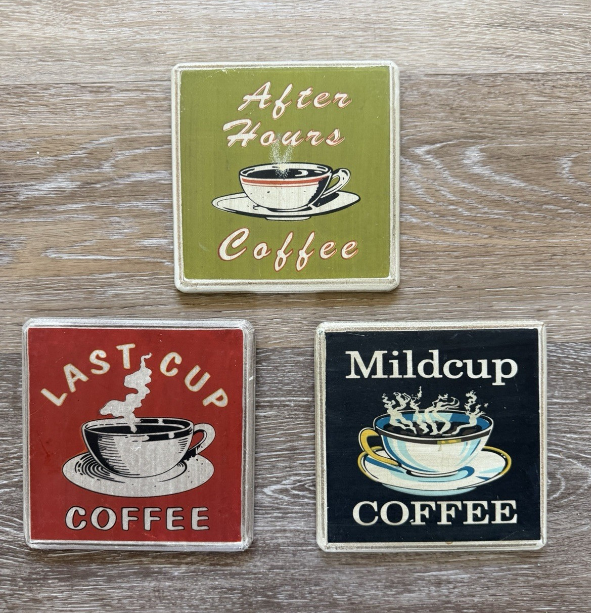 Set of 3 Vintage/Retro Coffee Theme Square Wood Decorative Plaques Multicolor