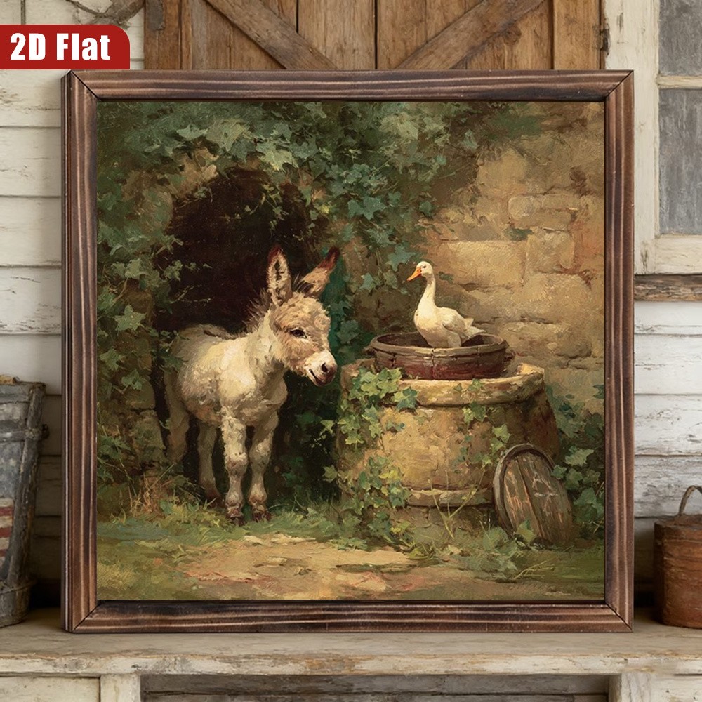 Rural Farm Donkey Duck Old Well Green Ivy Antique Oil Framed Tabletop Sign
