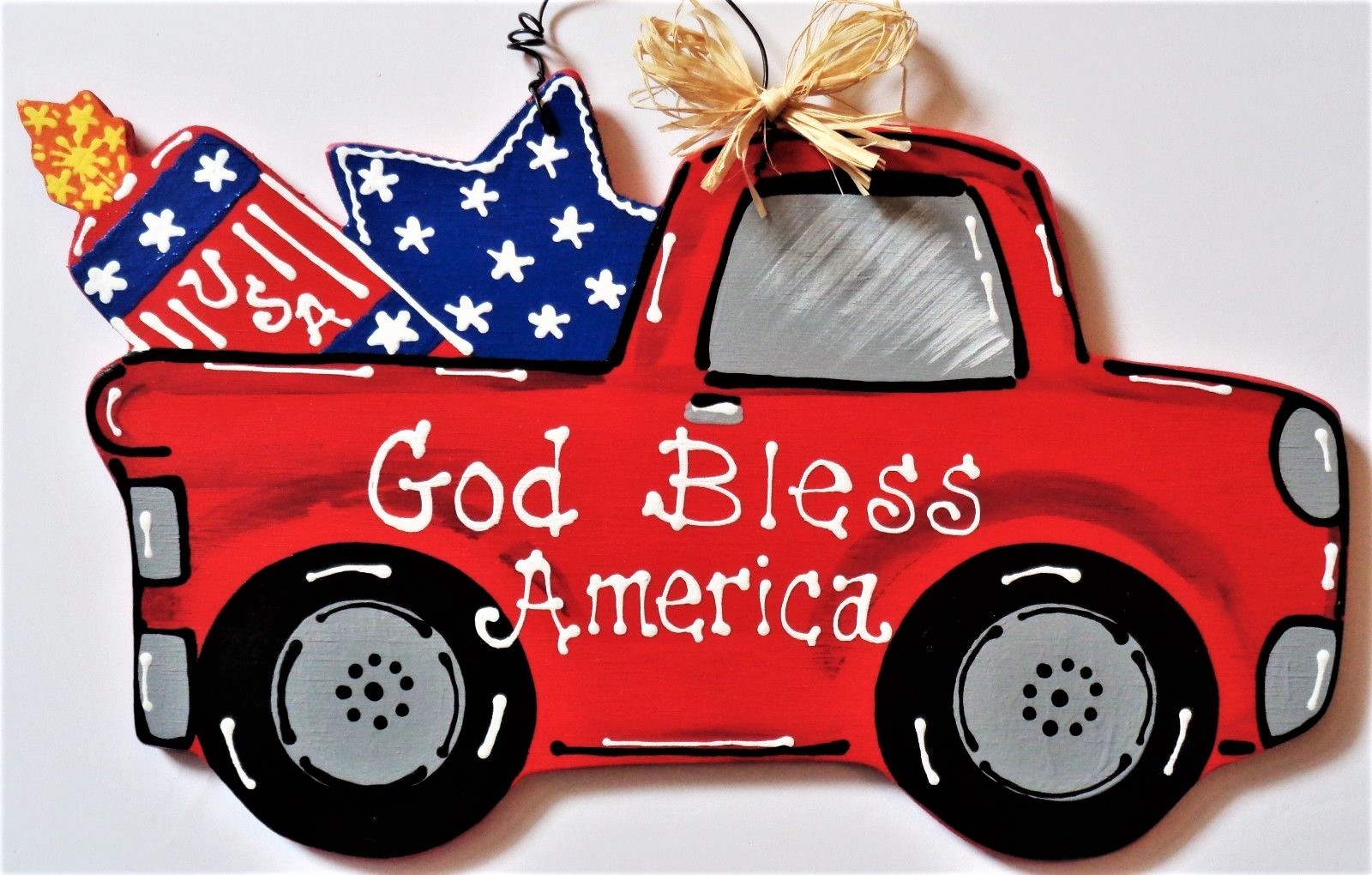 AMERICANA God Bless America RED TRUCK 4th of July SIGN Wall Door Hanger Plaque