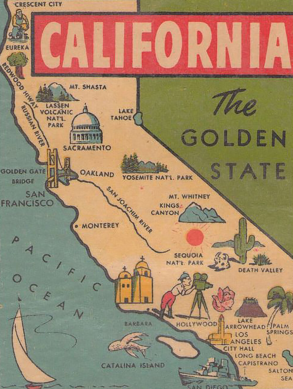 Vintage California travel map art reproduction steel sign Golden State