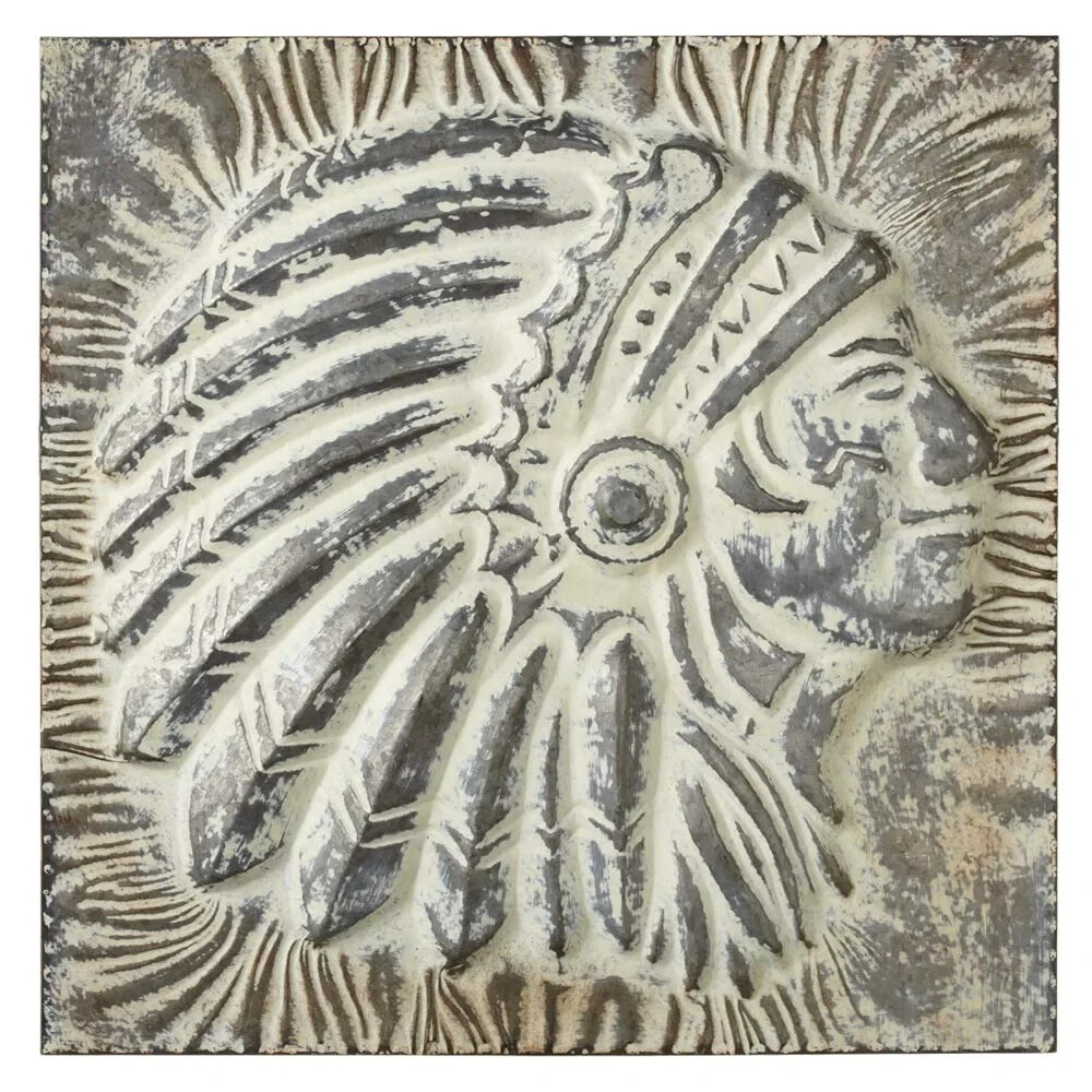 Rustic Embossed Chief Warrior Head Metal Wall Art Decor for Home or Cabin