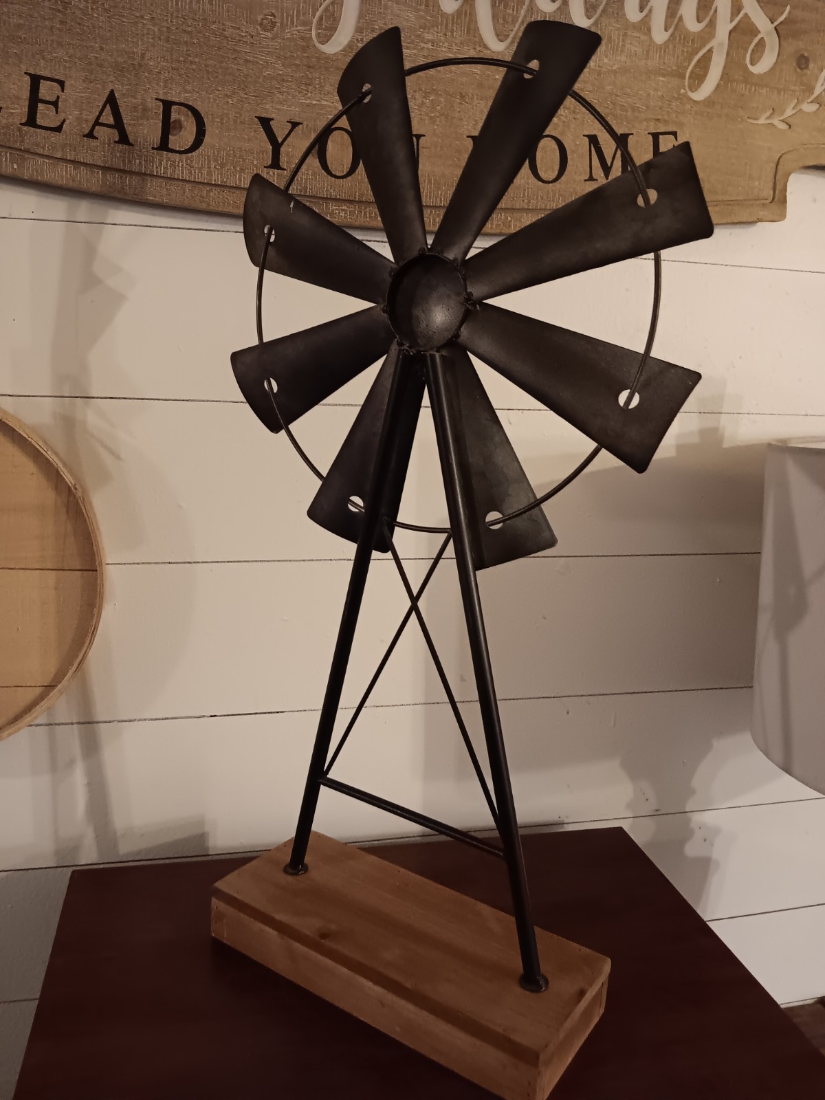Metal Windmill Wood Base Art Rustic Farmhouse Industrial Tabletop Decor 23″ tall