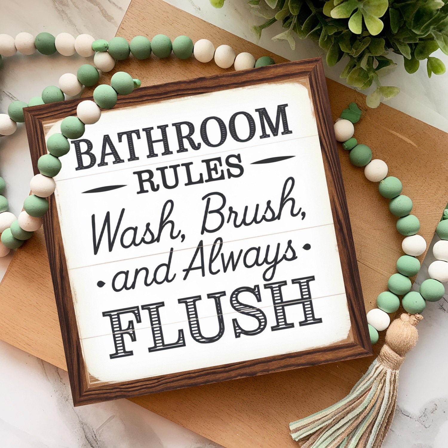 Rustic Wood Framed Bathroom Rules Sign Wash Brush Flush Funny Bathroom Art Decor