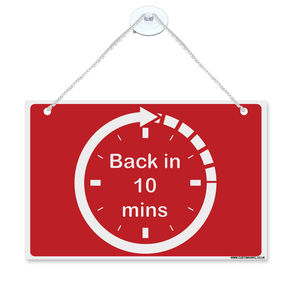 Back in 10 mins clock hanging plastic sign with nylon rope+suction cups