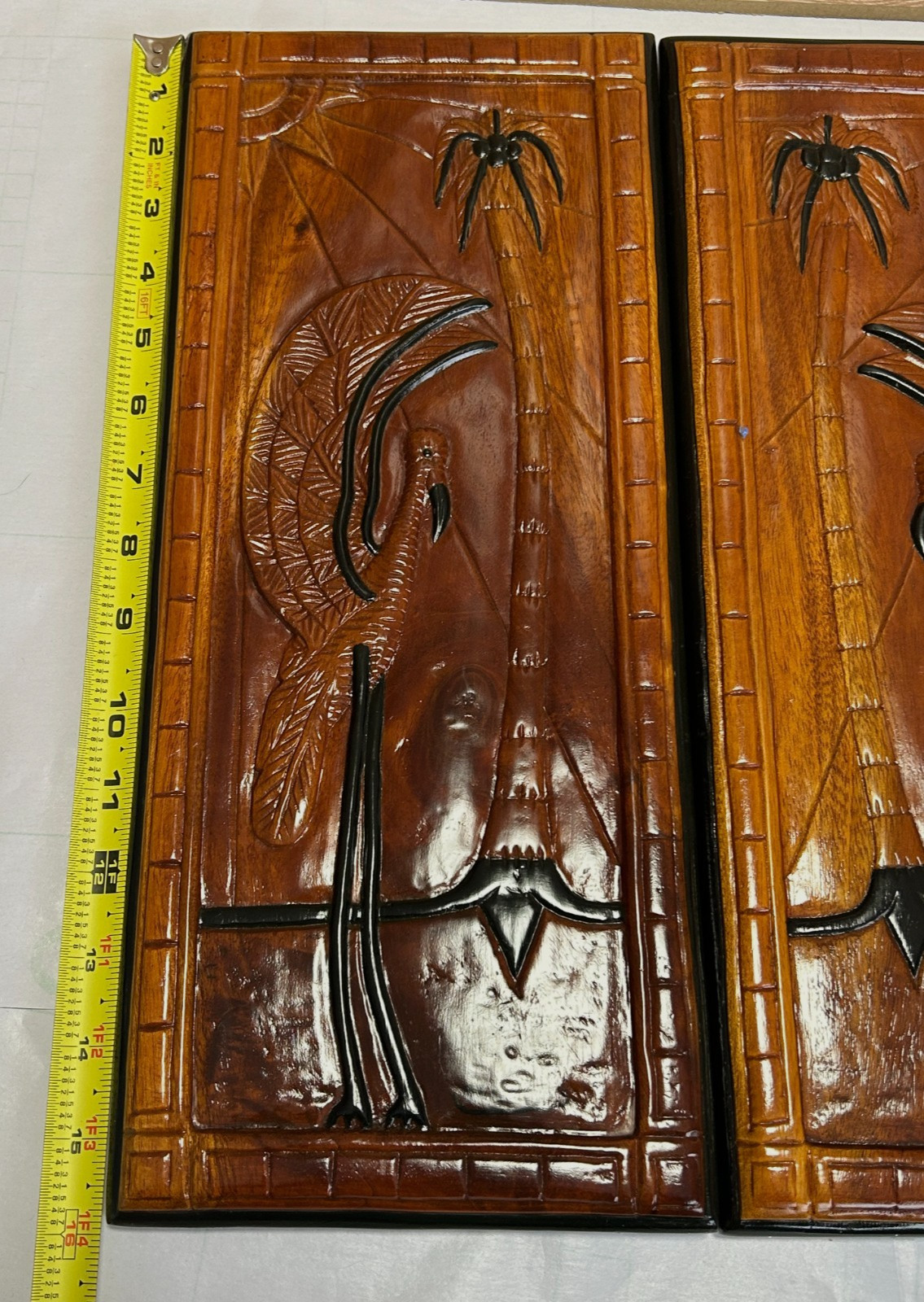 Vintage Hand Carved Wooden Relief Wall Plaques Tropical Birds & Palm Trees.2 Pcs