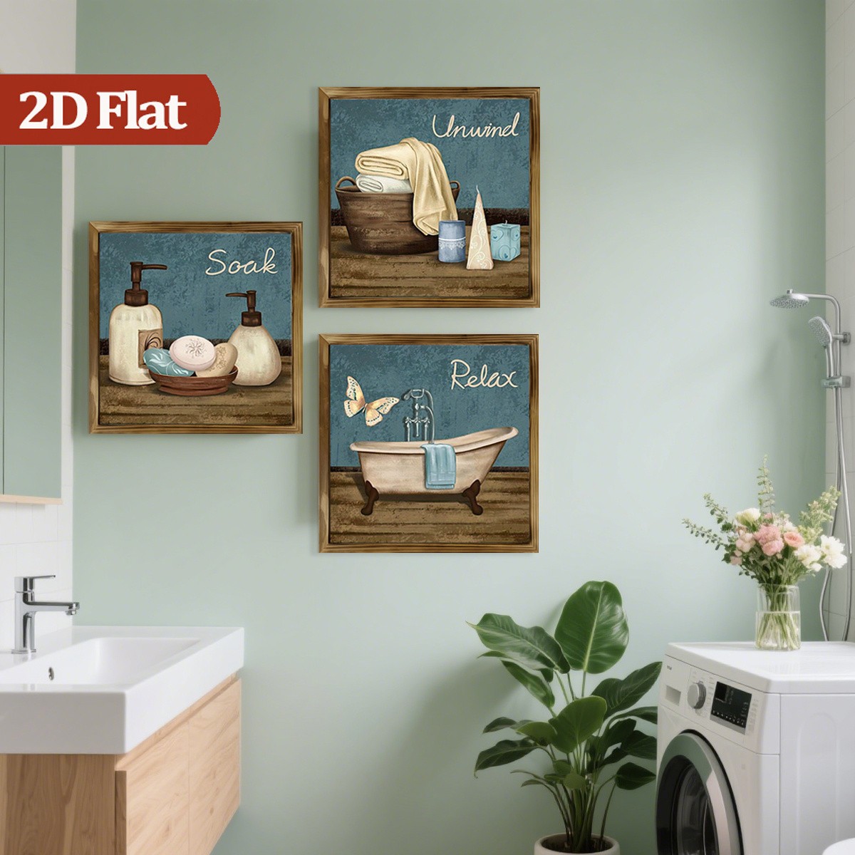 3Pcs Rustic “Relax Unwind Soak” Framed Wall Art Wooden Farmhouse Bathroom Decor