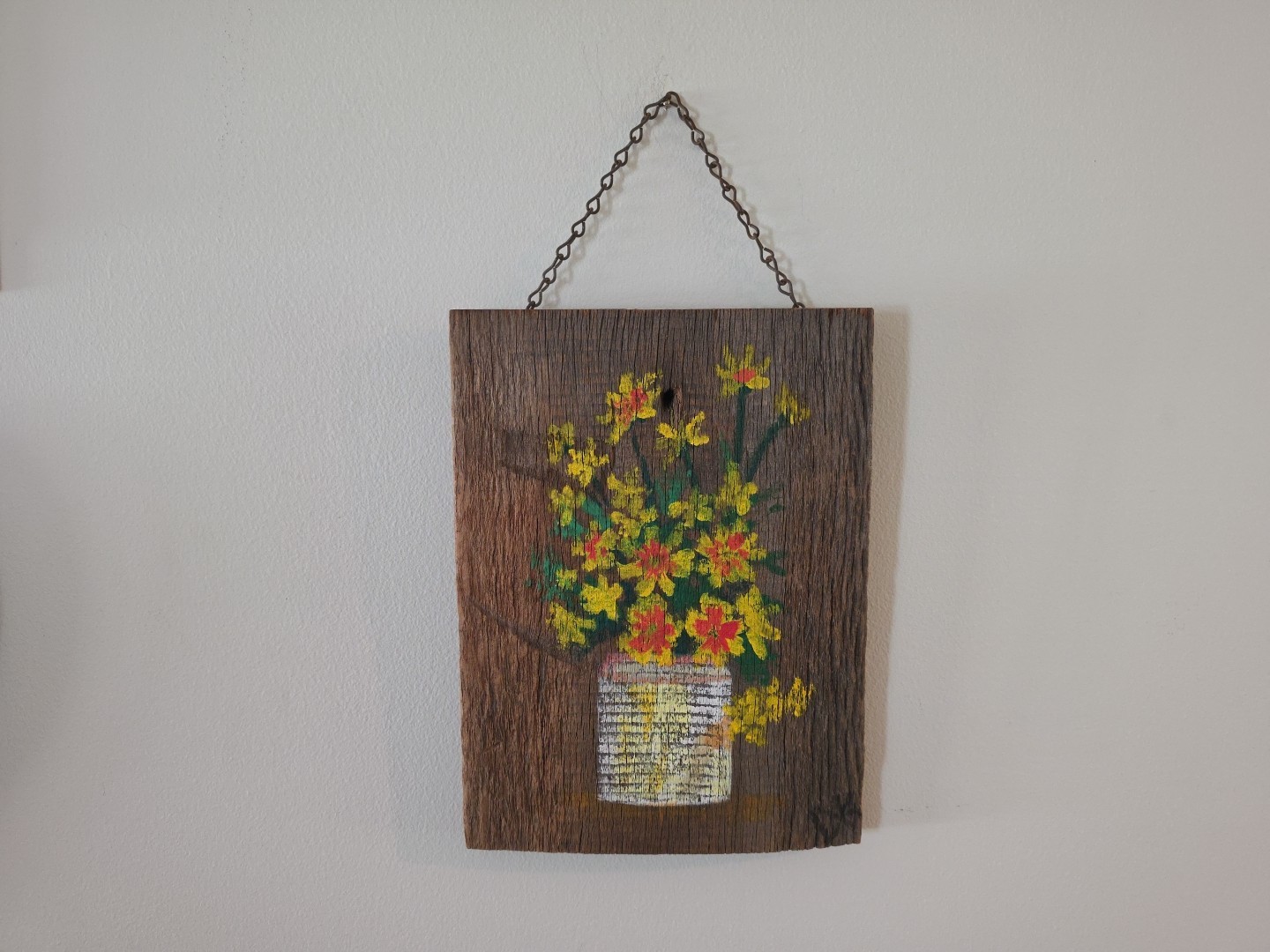 Rustic Reclaimed Wood Artist signed Handpainted flower Bouquet Wall Art Decor