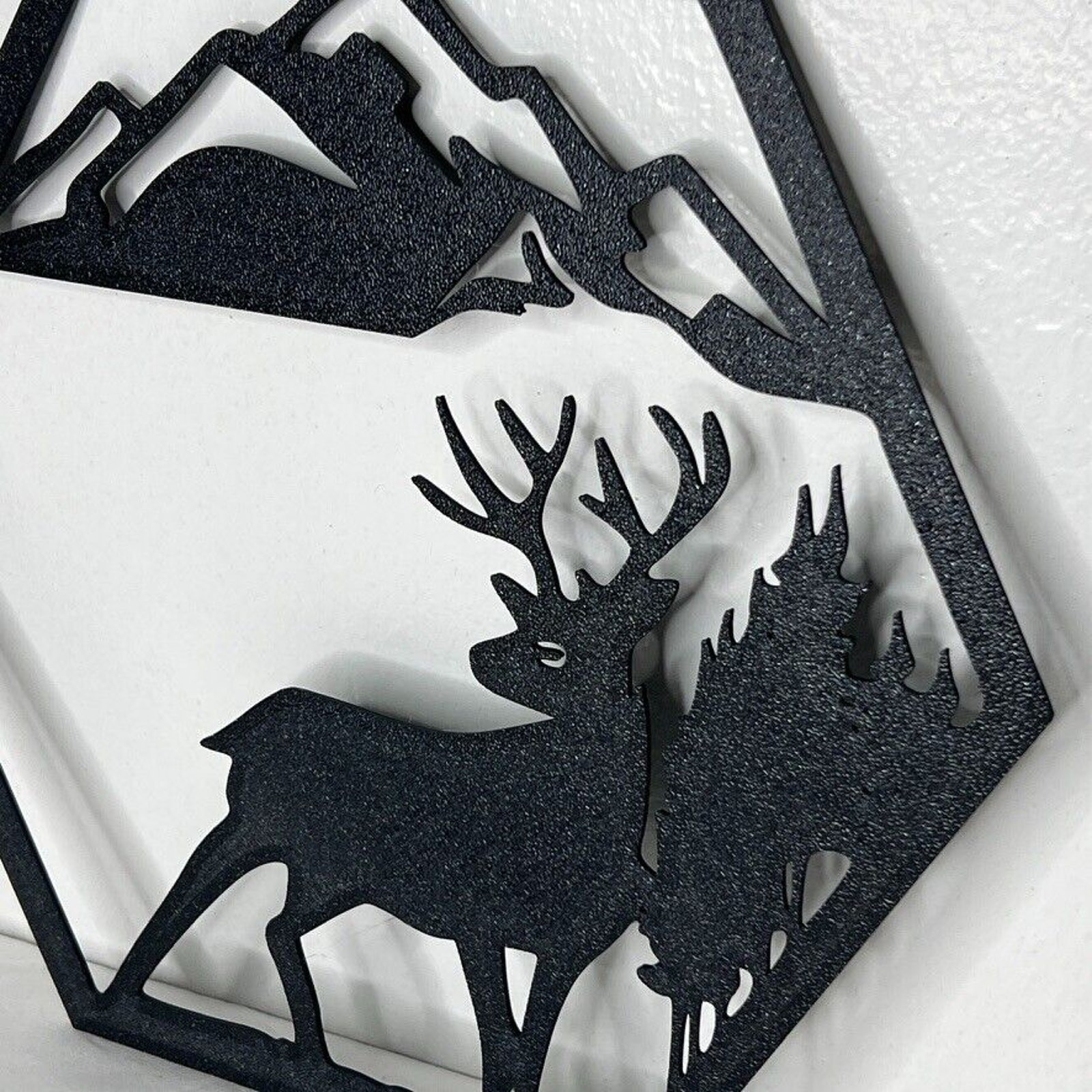 Set 4 Plastic Wall Art Decor Rustic Wildlife Hexagon Silhouettes Bear Wolf Elk