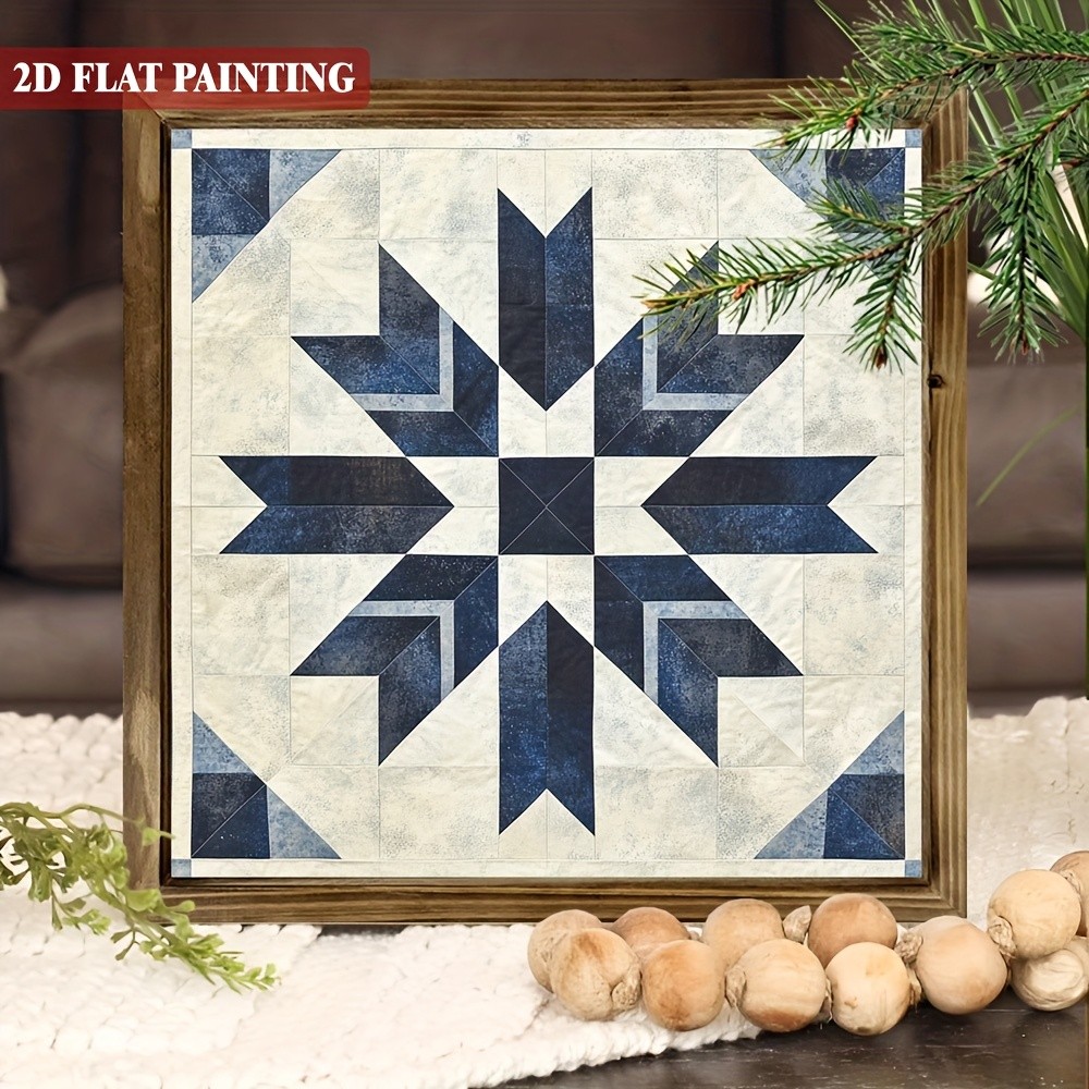 Neutral Navy Star Quilt Block Minimalist Living Room Wooden Framed Art Sign