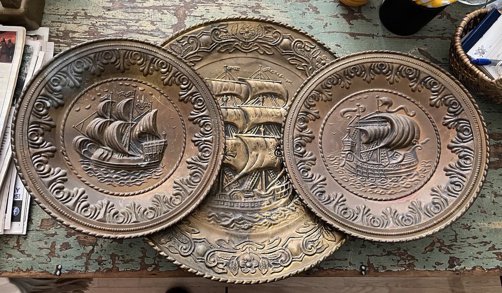 Vintage Copper? Brass? Embossed Plates Set of 3 Ships Nautical Decor Wall Art