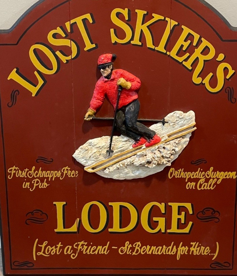 Discontinued Big Sky Carvers Lost Skiers Lodge Hand-Painted Wood Ski Sign