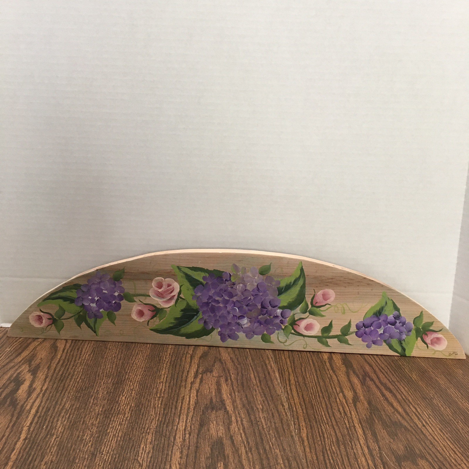 Hand Painted Over the Door Wooden Wall Hanging 23″Long Purple & Pink Flowers