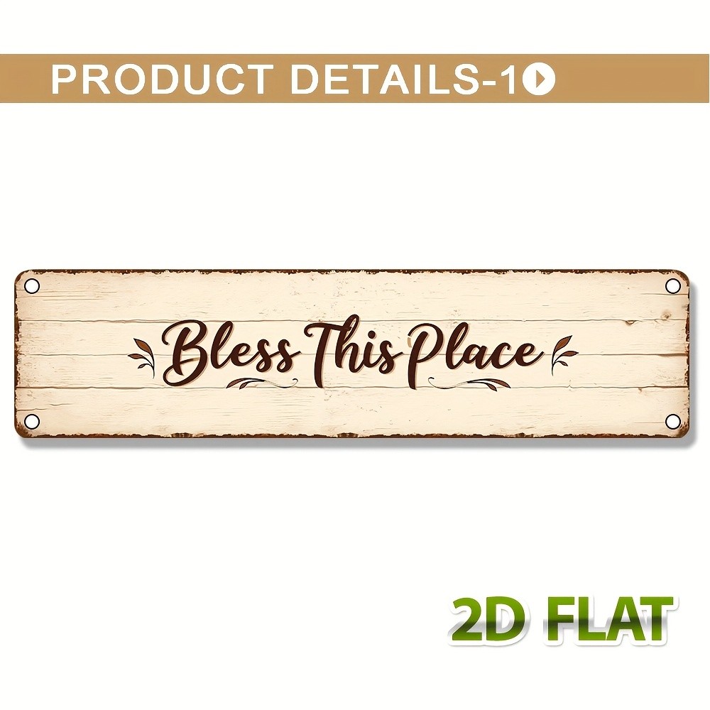 Retro Wood Grain Metal Sign Bless This Place Leaf Floral Print Entry Wall Decor