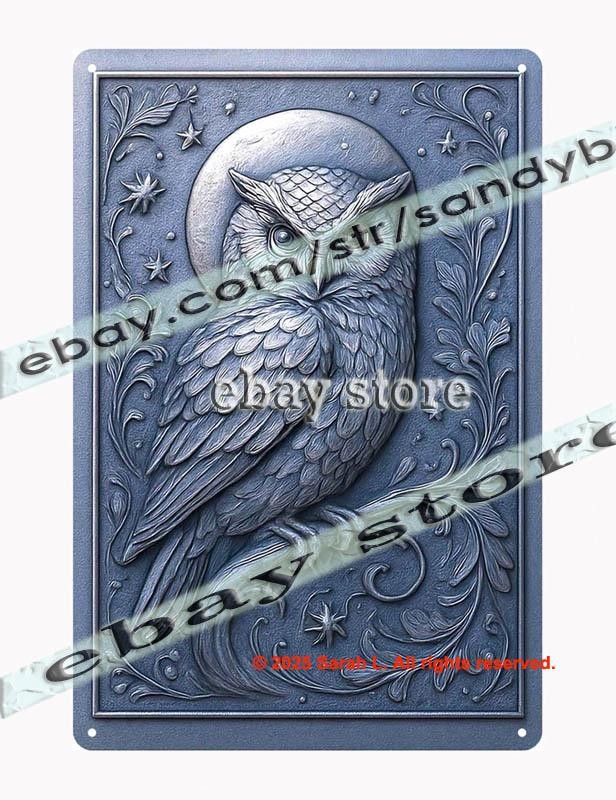 Mystical Owl Moon Tin Sign Dimensional Night Forest Wall Art