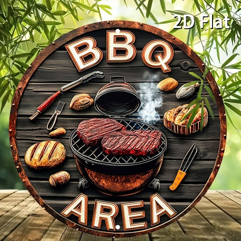 Vintage BBQ Grill Metal Sign Round Outdoor Yard Backyard Decorative Wall Art