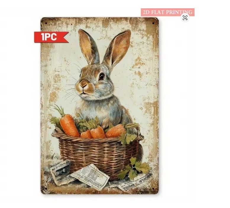 French Country Farmhouse Wall Decor Spring Bunny Floral Metal Wall Sign 8×12