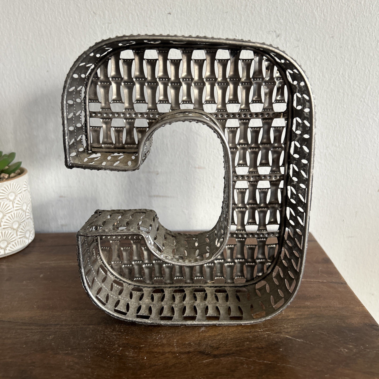 Decorative Metal Block Letter ‘C’ – Silver Filigree Shelf Or Wall Decor 7 In