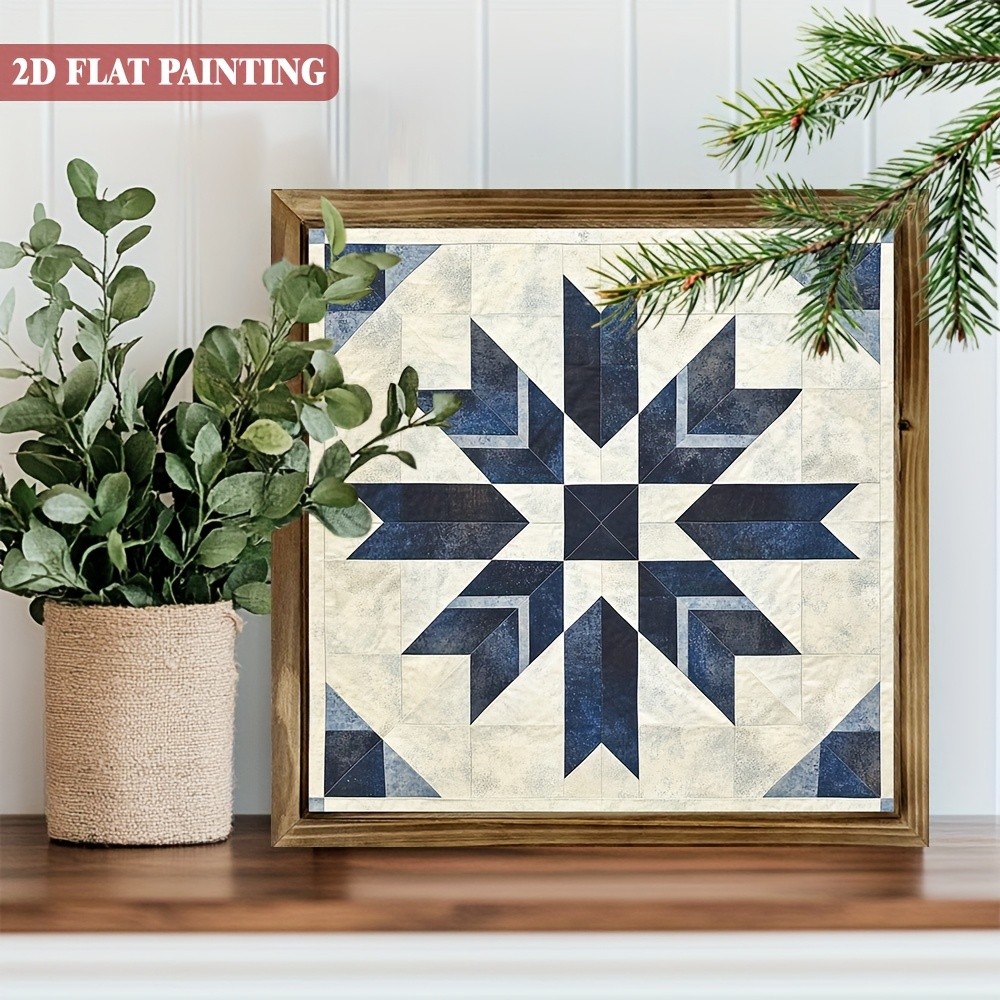 Neutral Navy Star Quilt Block Minimalist Living Room Wooden Framed Art Sign
