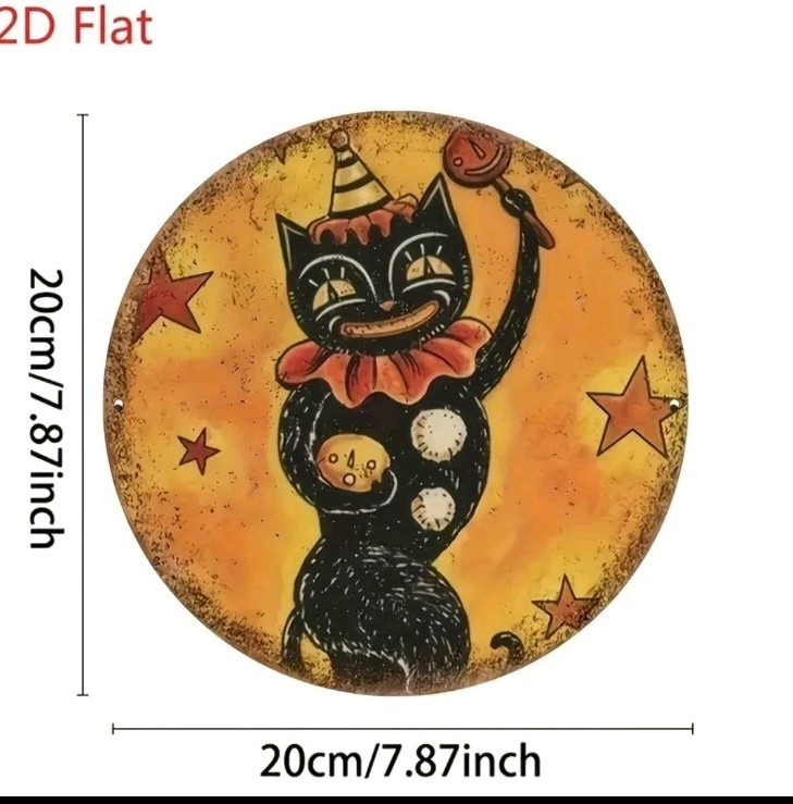 Vintage Black Cat Metal Wall Art Sign Round Retro Party Hat Balloon Decor